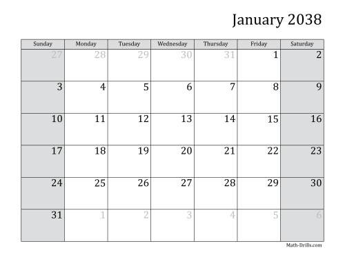 The 2038 Monthly Calendar Math Worksheet