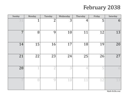 The 2038 Monthly Calendar Math Worksheet Page 2