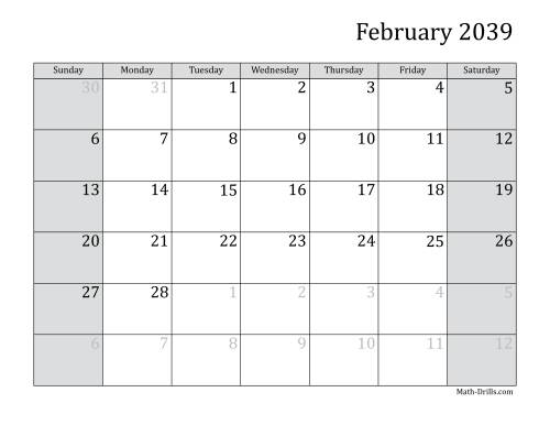 The 2039 Monthly Calendar Math Worksheet Page 2
