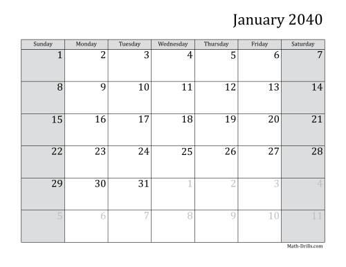 The 2040 Monthly Calendar Math Worksheet