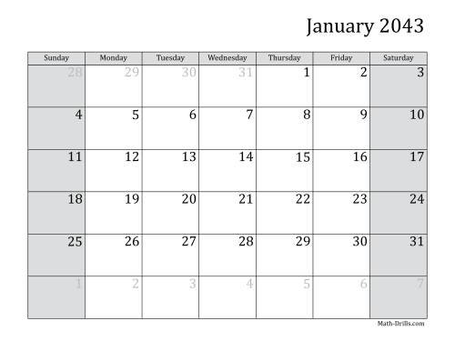 The 2043 Monthly Calendar Math Worksheet