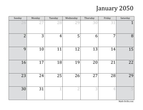 The 2050 Monthly Calendar Math Worksheet