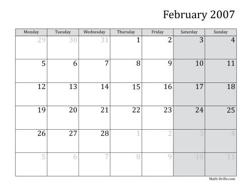 The 2007 Monthly Calendar with Monday as the First Day Math Worksheet Page 2