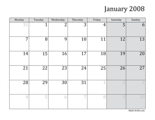 The 2008 Monthly Calendar with Monday as the First Day Math Worksheet