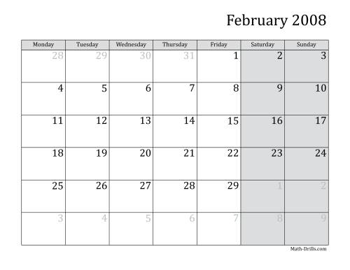 The 2008 Monthly Calendar with Monday as the First Day Math Worksheet Page 2