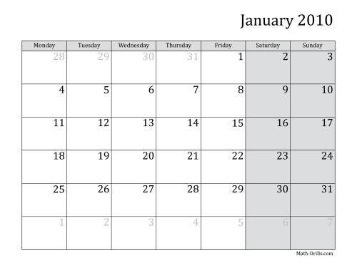 The 2010 Monthly Calendar with Monday as the First Day Math Worksheet