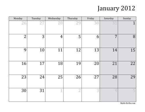 The 2012 Monthly Calendar with Monday as the First Day Math Worksheet