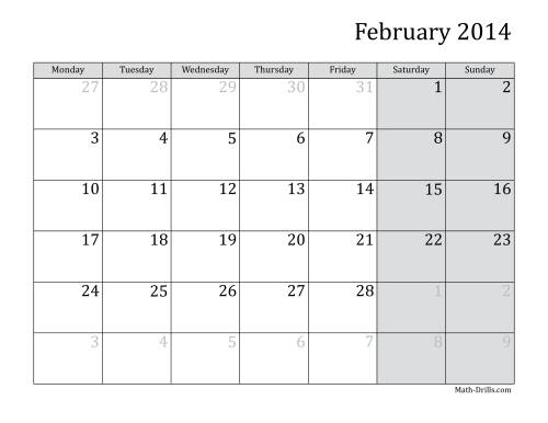 The 2014 Monthly Calendar with Monday as the First Day Math Worksheet Page 2