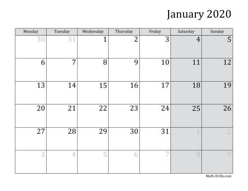 The 2020 Monthly Calendar with Monday as the First Day Math Worksheet