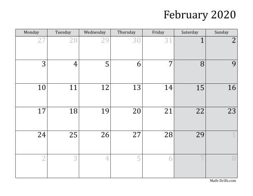 The 2020 Monthly Calendar with Monday as the First Day Math Worksheet Page 2