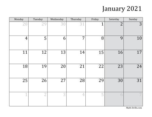 The 2021 Monthly Calendar with Monday as the First Day Math Worksheet