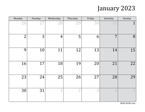 The 2023 Monthly Calendar with Monday as the First Day Math Worksheet