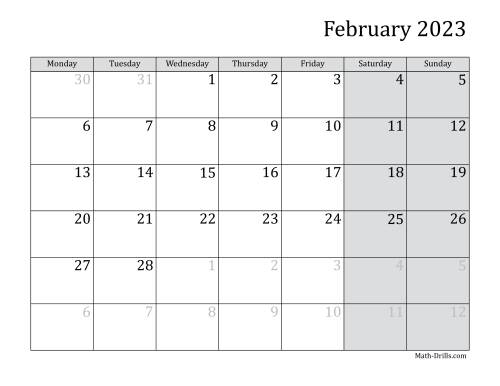 The 2023 Monthly Calendar with Monday as the First Day Math Worksheet Page 2