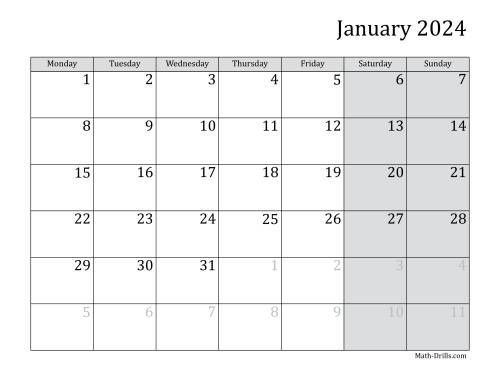 The 2024 Monthly Calendar with Monday as the First Day Math Worksheet