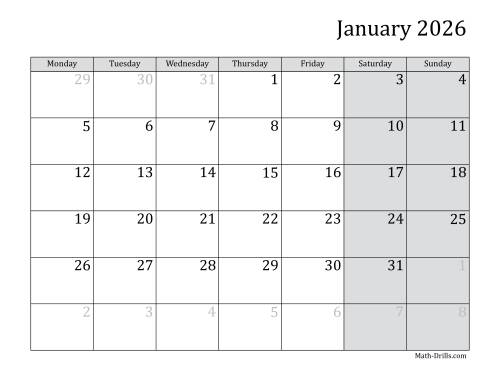 The 2026 Monthly Calendar with Monday as the First Day Math Worksheet