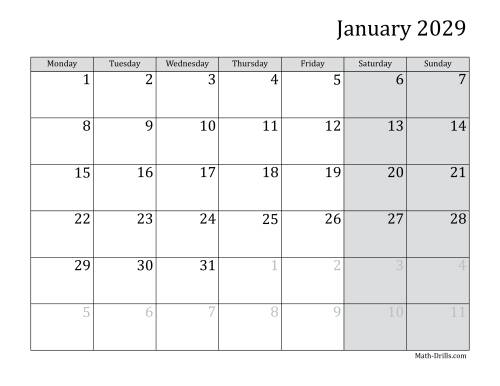 The 2029 Monthly Calendar with Monday as the First Day Math Worksheet
