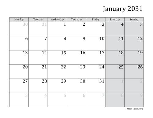 The 2031 Monthly Calendar with Monday as the First Day Math Worksheet
