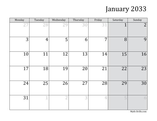 The 2033 Monthly Calendar with Monday as the First Day Math Worksheet