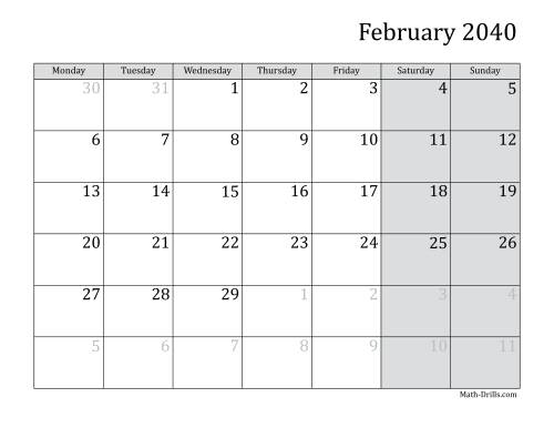 The 2040 Monthly Calendar with Monday as the First Day Math Worksheet Page 2