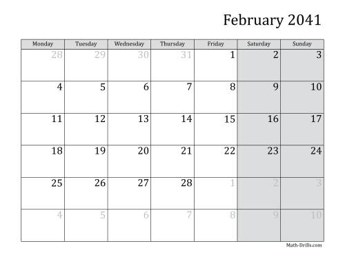 The 2041 Monthly Calendar with Monday as the First Day Math Worksheet Page 2