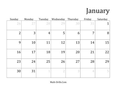The Monthly Leap Year Calendar with January 1 on Saturday Math Worksheet