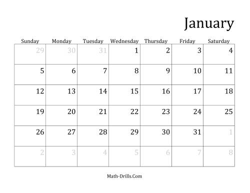 The Monthly Leap Year Calendar with January 1 on Wednesday Math Worksheet