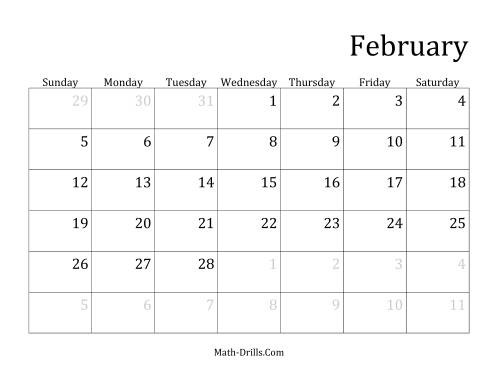 The Monthly General Year Calendar with January 1 on Sunday Math Worksheet Page 2