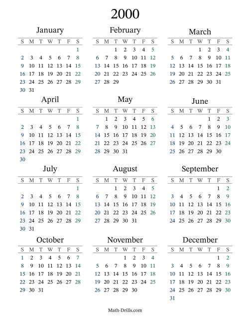The 2000 Yearly Calendar Math Worksheet