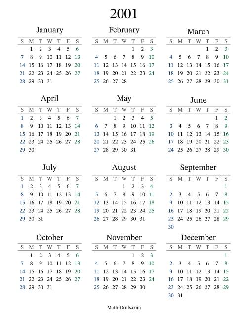The 2001 Yearly Calendar Math Worksheet