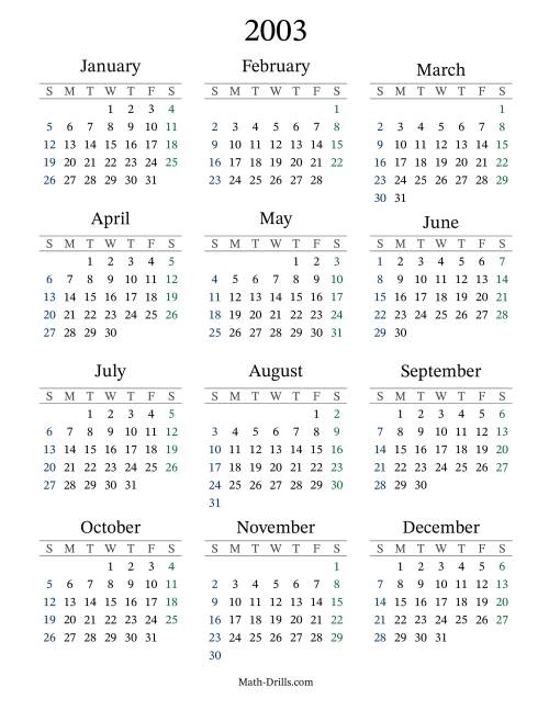 The 2003 Yearly Calendar Math Worksheet