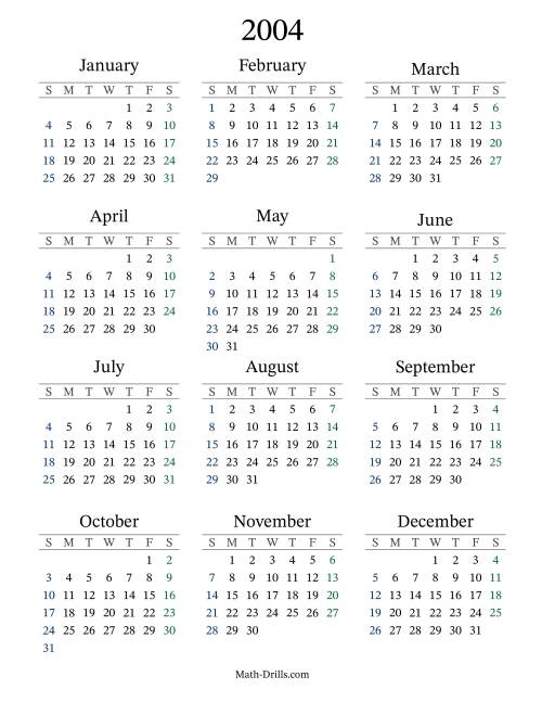 The 2004 Yearly Calendar Math Worksheet