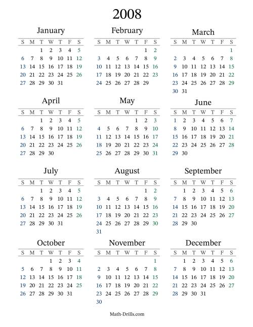The 2008 Yearly Calendar Math Worksheet