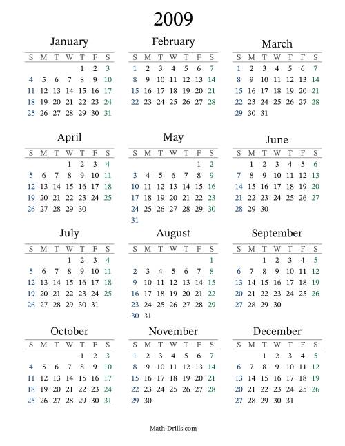 The 2009 Yearly Calendar Math Worksheet