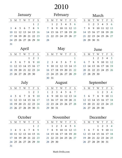 The 2010 Yearly Calendar Math Worksheet