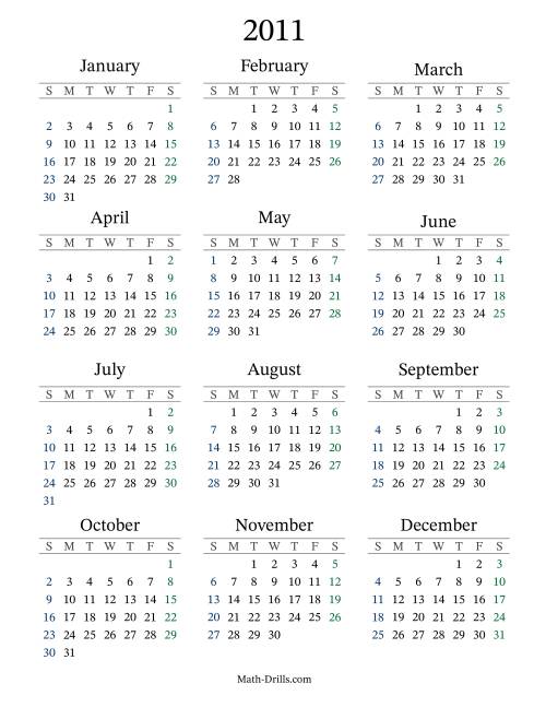 The 2011 Yearly Calendar Math Worksheet