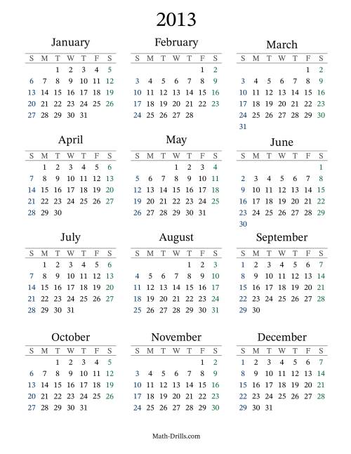 The 2013 Yearly Calendar Math Worksheet