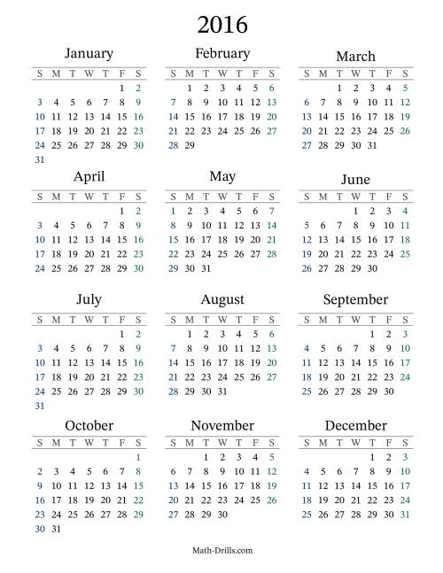 The 2016 Yearly Calendar Math Worksheet