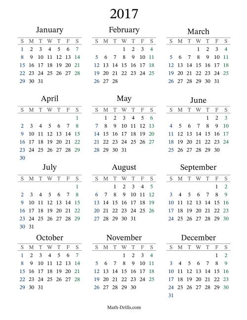 The 2017 Yearly Calendar Math Worksheet