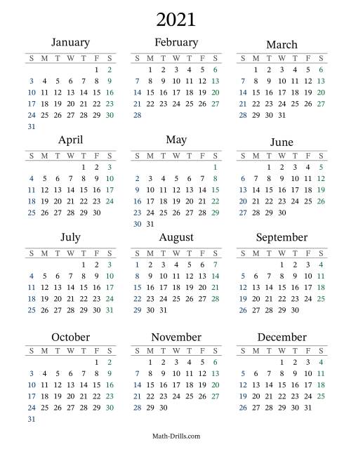 The 2021 Yearly Calendar Math Worksheet