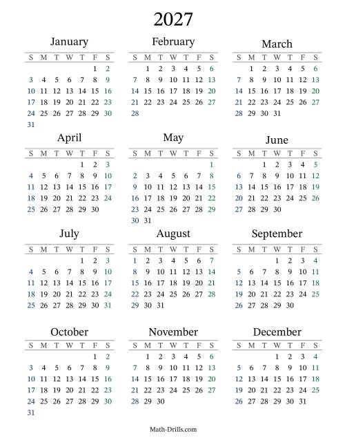 The 2027 Yearly Calendar Math Worksheet