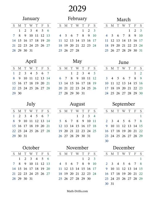 The 2029 Yearly Calendar Math Worksheet