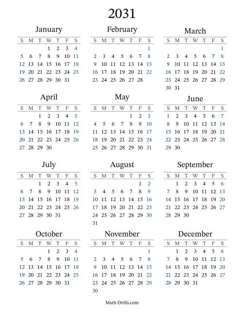 The 2031 Yearly Calendar Math Worksheet