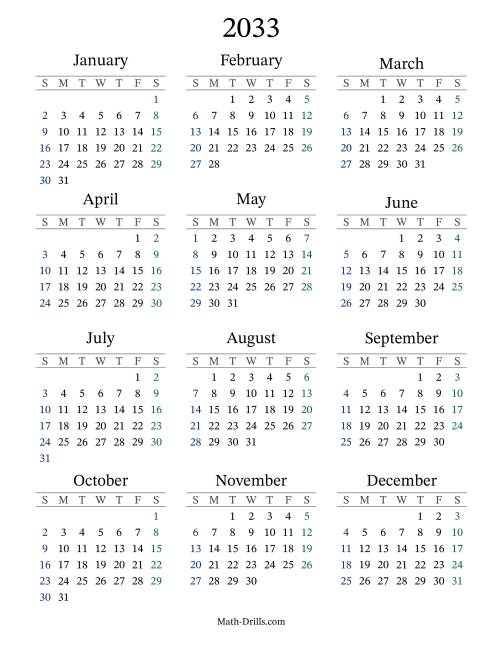The 2033 Yearly Calendar Math Worksheet