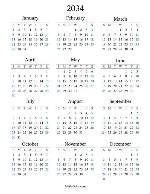 The 2034 Yearly Calendar Math Worksheet