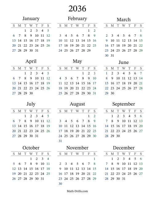The 2036 Yearly Calendar Math Worksheet
