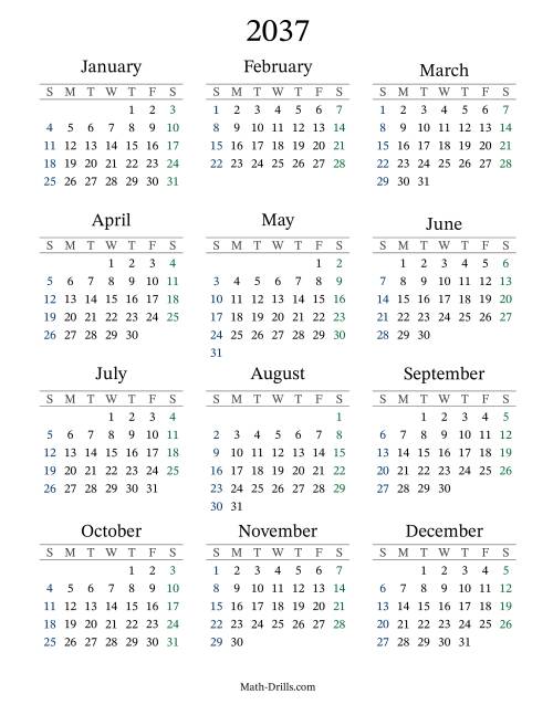 The 2037 Yearly Calendar Math Worksheet