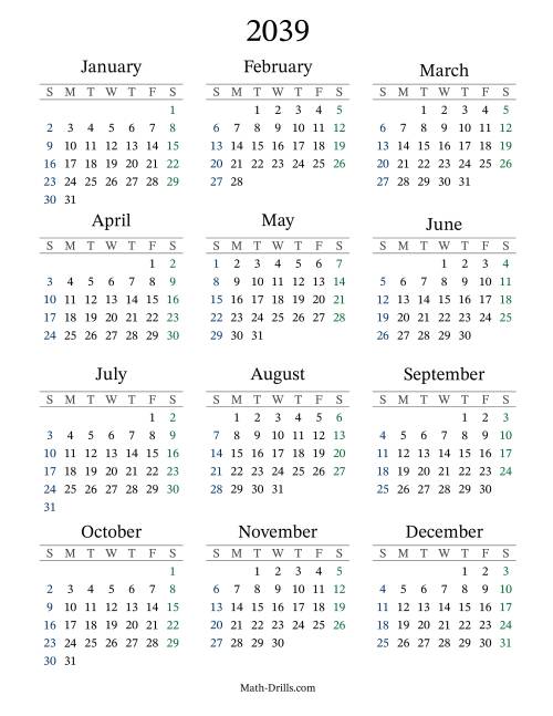 The 2039 Yearly Calendar Math Worksheet
