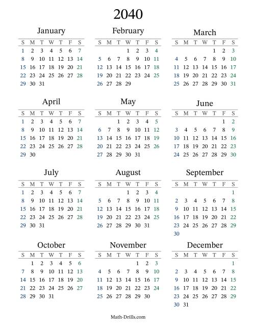 The 2040 Yearly Calendar Math Worksheet