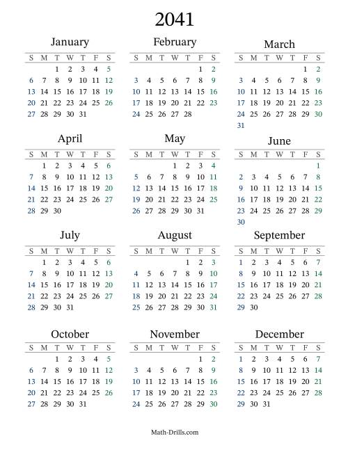 The 2041 Yearly Calendar Math Worksheet