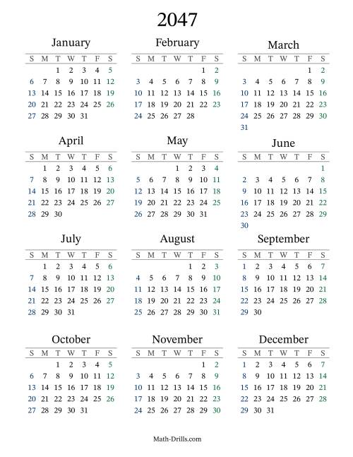 The 2047 Yearly Calendar Math Worksheet